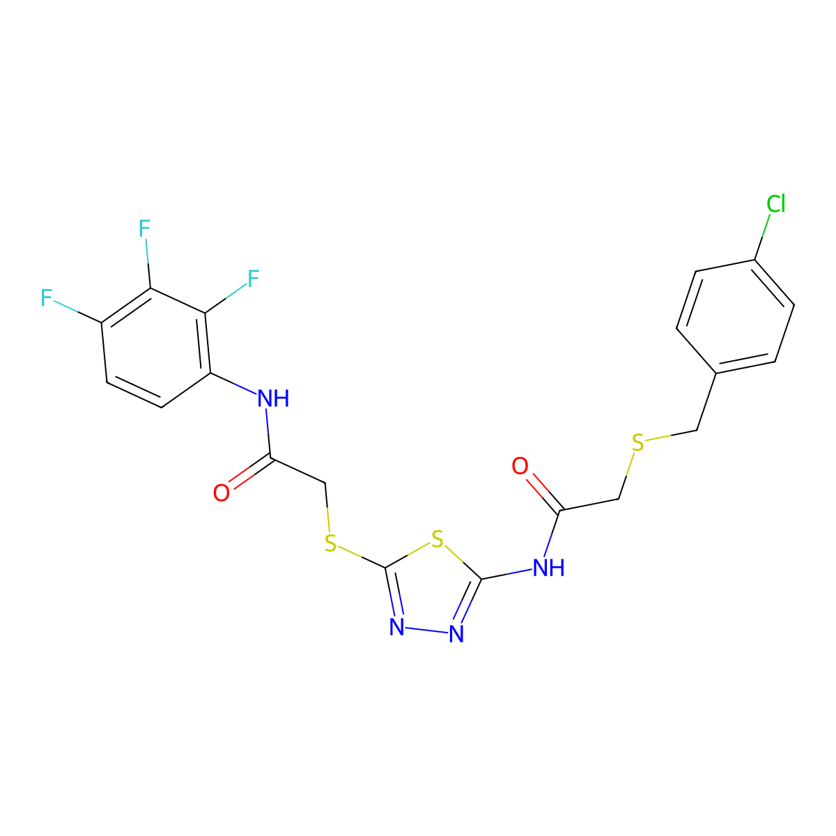 2-((4-Chlorobenzyl)thio)-N-(5-((2-oxo-2-((2,3,4-trifluorophenyl)amino)ethyl)thio)-1,3,4-thiadiazol-2-yl)acetamide molecular structure, CAS 244639-98-3