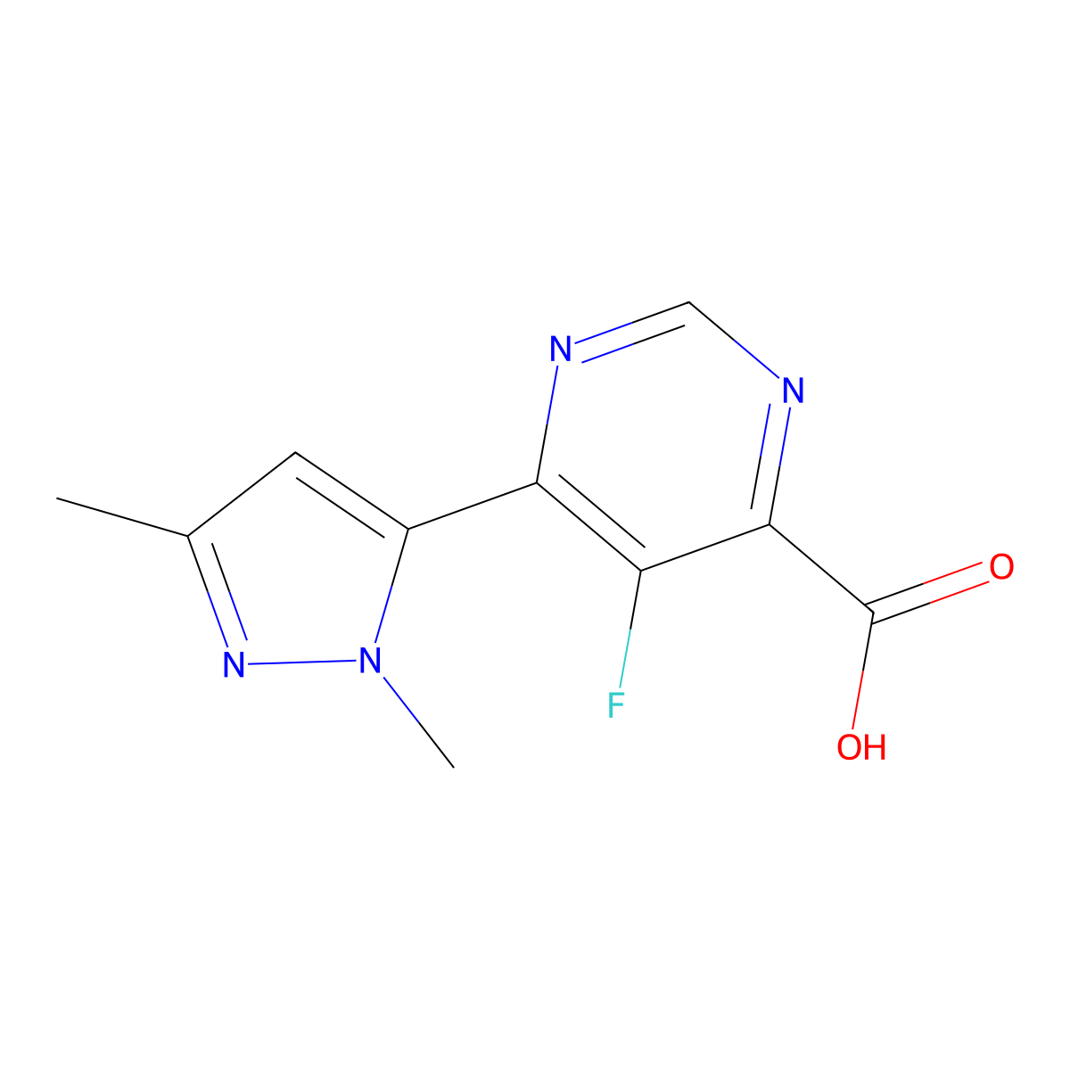 6-(1,3-dimethyl-1H-pyrazol-5-yl)-5-fluoropyrimidine-4-carboxylic acid molecular structure, CAS 2446691-33-2