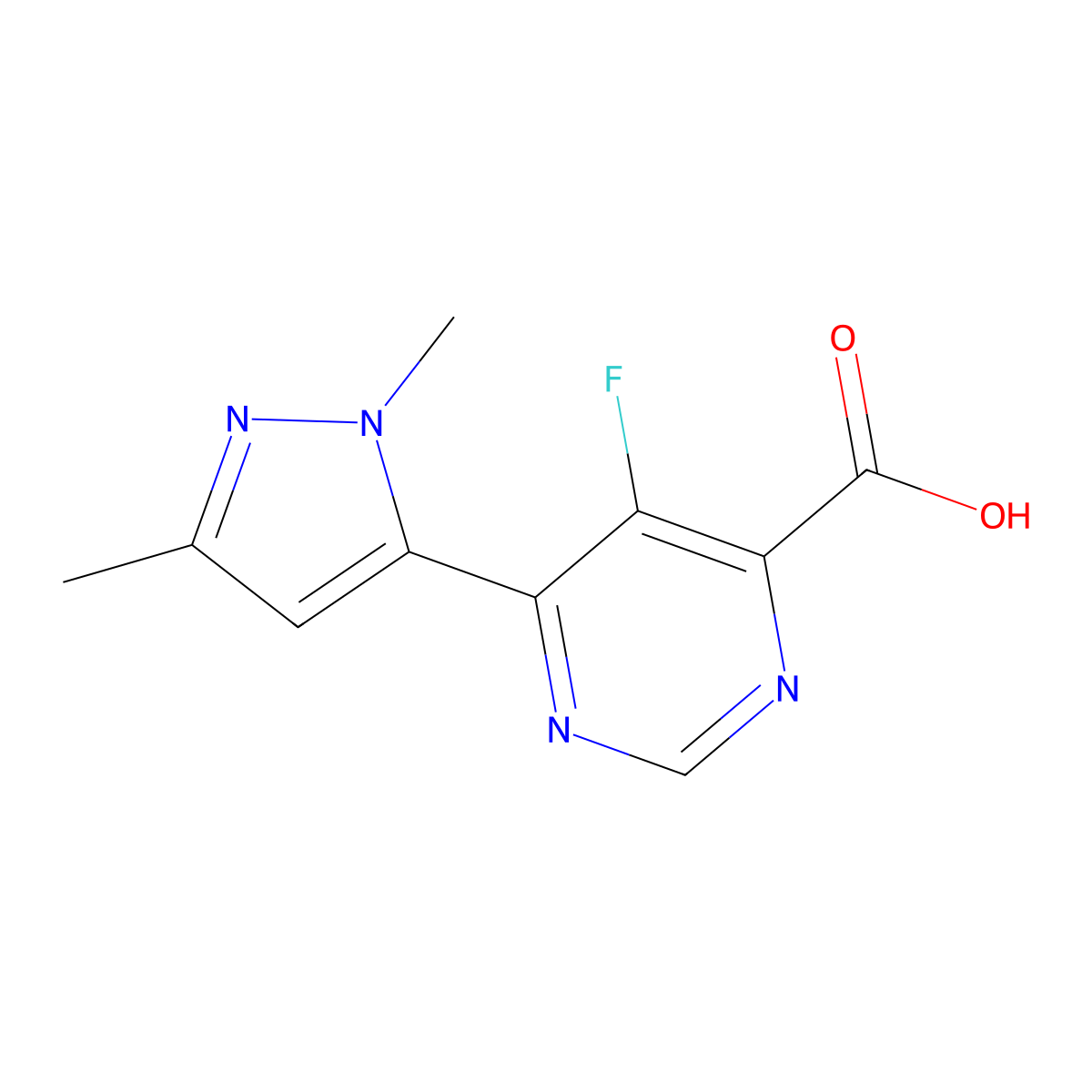 6-(1,3-dimethyl-1H-pyrazol-5-yl)-5-fluoropyrimidine-4-carboxylic acid molecular structure, CAS 2446691-33-2