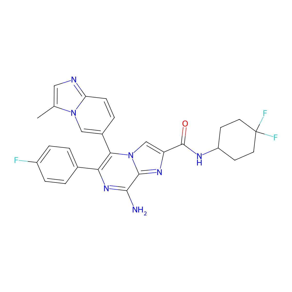 8-amino-N-(4,4-difluorocyclohexyl)-6-(4-fluorophenyl)-5-(3-methylimidazo[1,2-a]pyridin-6-yl)imidazo[1,2-a]pyrazine-2-carboxamide molecular structure, CAS 2446776-69-6