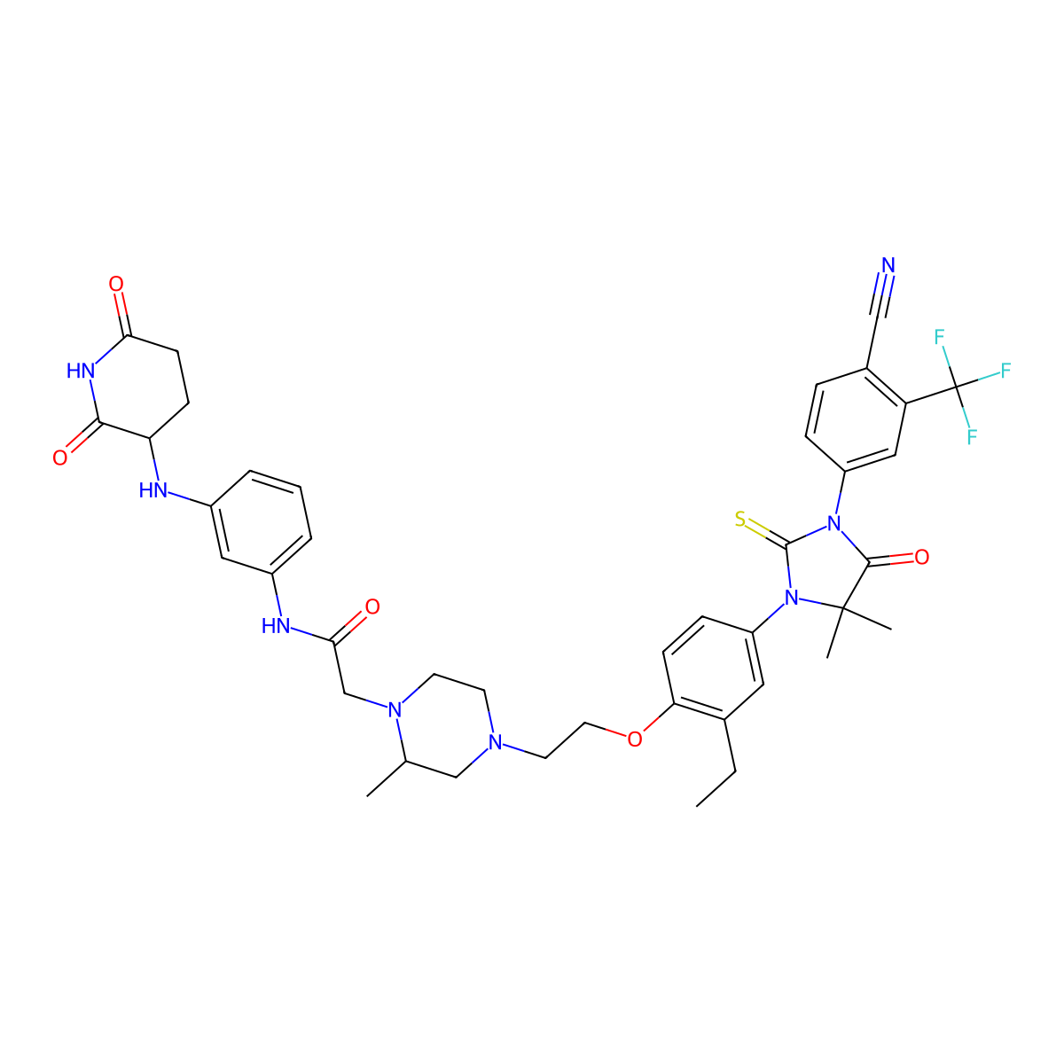 2-((R)-4-(2-(4-(3-(4-Cyano-3-(trifluoromethyl)phenyl)-5,5-dimethyl-4-oxo-2-thioxoimidazolidin-1-yl)-2-ethylphenoxy)ethyl)-2-methylpiperazin-1-yl)-N-(3-((2,6-dioxopiperidin-3-yl)amino)phenyl)acetamide molecular structure, CAS 2446928-30-7