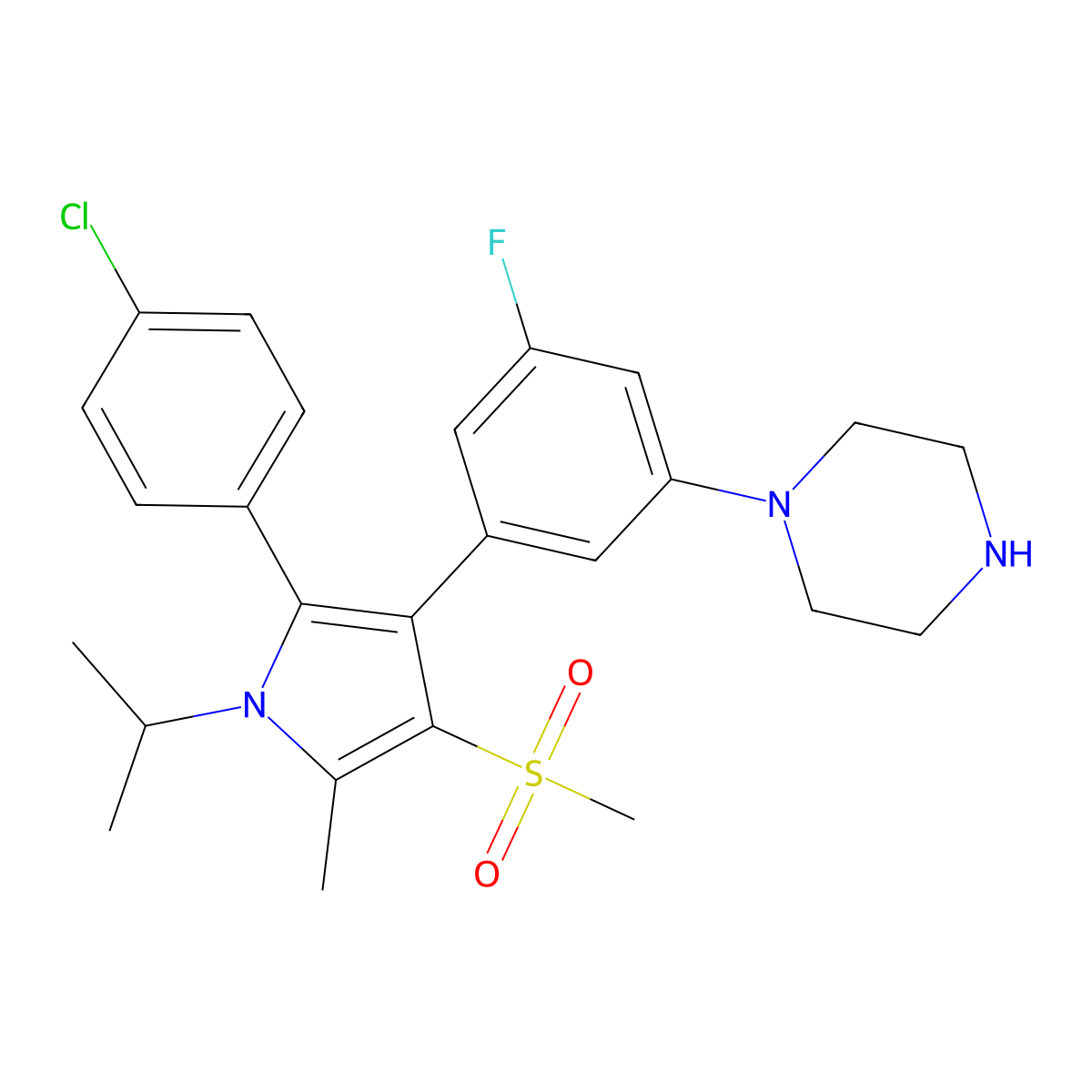 1-[3-[2-(4-Chlorophenyl)-1-isopropyl-5-methyl-4-(methylsulfonyl)-3-pyrrolyl]-5-fluorophenyl]piperazine molecular structure, CAS 2447684-15-1