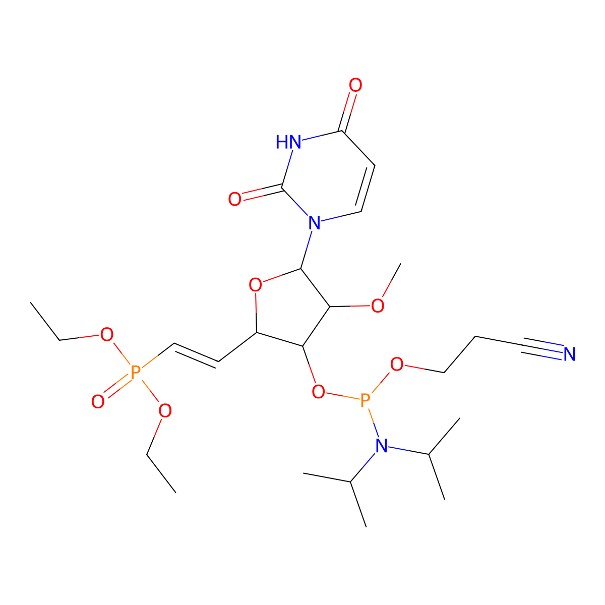 2-Cyanoethyl ((2R,3R,4R,5R)-2-(2-(diethoxyphosphoryl)vinyl)-5-(2,4-dioxo-3,4-dihydropyrimidin-1(2H)-yl)-4-methoxytetrahydrofuran-3-yl) diisopropylphosphoramidite molecular structure, CAS 2448100-06-7