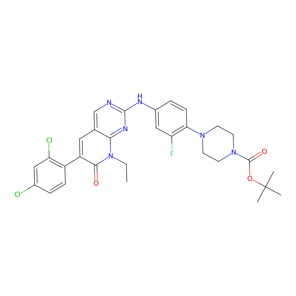 Tert-butyl 4-(4-((6-(2,4-dichlorophenyl)-8-ethyl-7-oxo-7,8-dihydropyrido[2,3-d]pyrimidin-2-yl)amino)-2-fluorophenyl)piperazine-1-carboxylate molecular structure, CAS 2448346-70-9