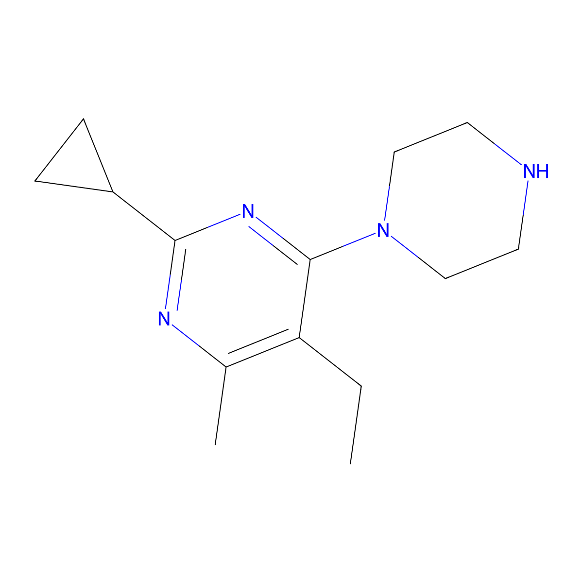 2-Cyclopropyl-5-ethyl-4-methyl-6-(piperazin-1-yl)pyrimidine molecular structure, CAS 2448473-37-6
