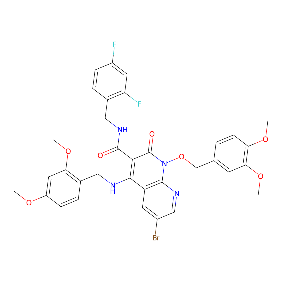 6-Bromo-N-(2,4-difluorobenzyl)-4-((2,4-dimethoxybenzyl)amino)-1-((3,4-dimethoxybenzyl)oxy)-2-oxo-1,2-dihydro-1,8-naphthyridine-3-carboxamide molecular structure, CAS 2448679-50-1