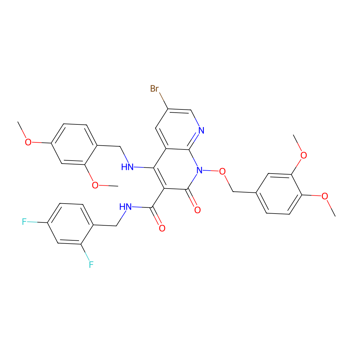 6-Bromo-N-(2,4-difluorobenzyl)-4-((2,4-dimethoxybenzyl)amino)-1-((3,4-dimethoxybenzyl)oxy)-2-oxo-1,2-dihydro-1,8-naphthyridine-3-carboxamide molecular structure, CAS 2448679-50-1