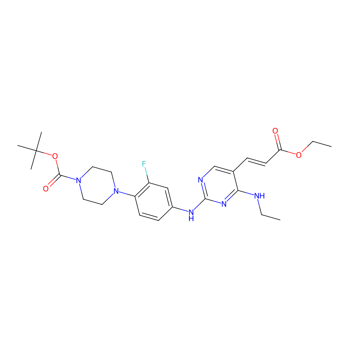 (E)-tert-butyl 4-(4-((5-(3-ethoxy-3-oxoprop-1-en-1-yl)-4-(ethylamino)pyrimidin-2-yl)amino)-2-fluorophenyl)piperazine-1-carboxylate molecular structure, CAS 2449227-94-3