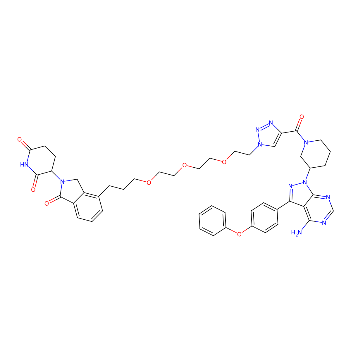 3-(4-(3-(2-(2-(2-(4-((R)-3-(4-Amino-3-(4-phenoxyphenyl)-1H-pyrazolo[3,4-d]pyrimidin-1-yl)piperidine-1-carbonyl)-1H-1,2,3-triazol-1-yl)ethoxy)ethoxy)ethoxy)propyl)-1-oxoisoindolin-2-yl)piperidine-2,6-dione molecular structure, CAS 2451070-32-7