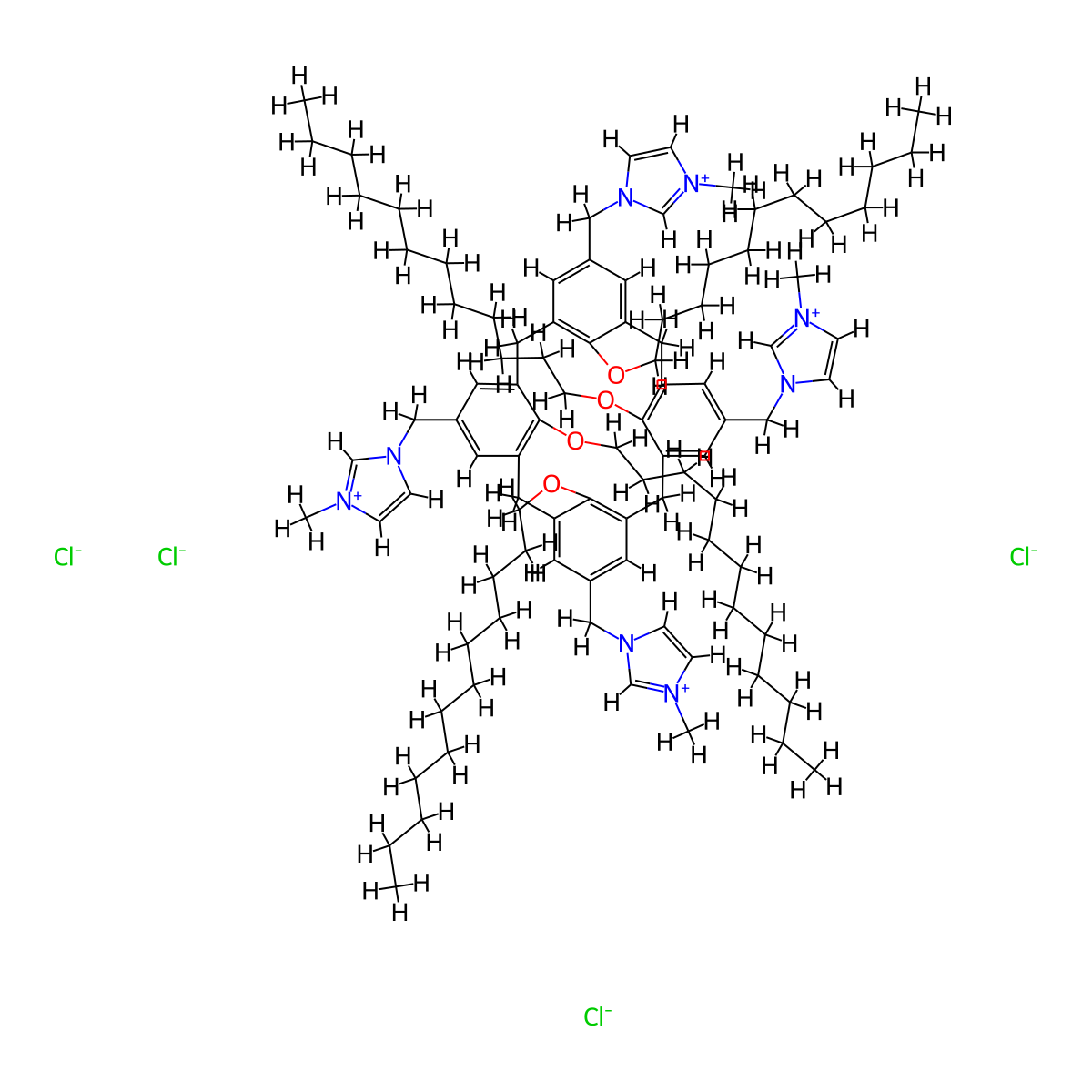 1-methyl-3-{[25,26,27,28-tetrakis(dodecyloxy)-11,17,23-tris[(1-methyl-1H-imidazol-3-ium-3-yl)methyl]pentacyclo[19.3.1.1^{3,7}.1^{9,13}.1^{15,19}]octacosa-1(25),3(28),4,6,9,11,13(27),15(26),16,18,21,23-dodecaen-5-yl]methyl}-1H-imidazol-3-ium tetrachloride molecular structure, CAS 2451512-57-3