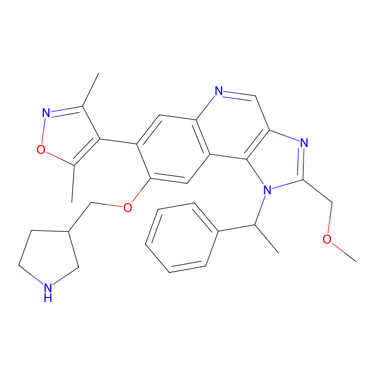 4-(2-(Methoxymethyl)-1-((R)-1-phenylethyl)-8-((S)-pyrrolidin-3-ylmethoxy)-1H-imidazo[4,5-c]quinolin-7-yl)-3,5-dimethylisoxazole molecular structure, CAS 2451862-42-1
