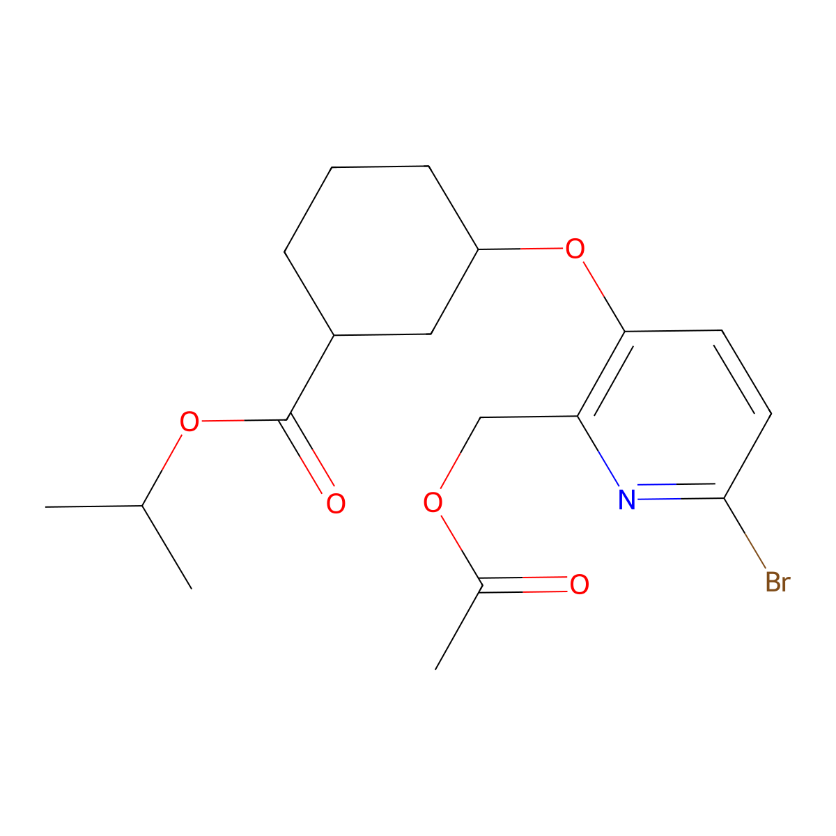 Cyclohexanecarboxylic acid, 3-[[2-[(acetyloxy)methyl]-6-bromo-3-pyridinyl]oxy]-, 1-methylethyl ester, (1R,3R)-rel- molecular structure, CAS 2452519-05-8