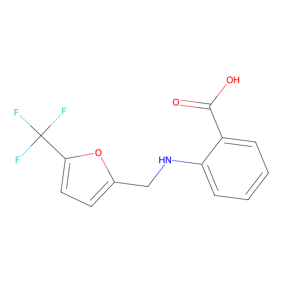 2-({[5-(Trifluoromethyl)furan-2-yl]methyl}amino)benzoic acid molecular structure, CAS 2453323-08-3