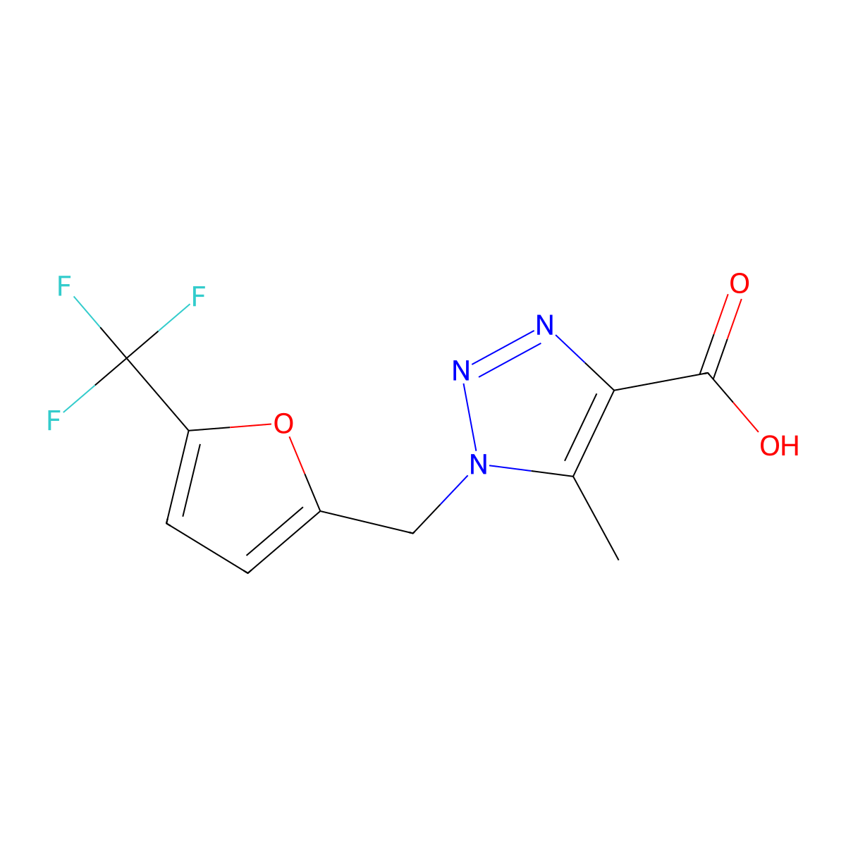 5-methyl-1-{[5-(trifluoromethyl)furan-2-yl]methyl}-1H-1,2,3-triazole-4-carboxylic acid molecular structure, CAS 2453324-81-5