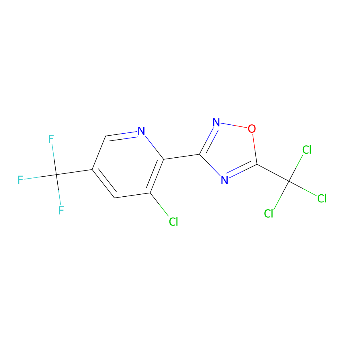 3-Chloro-2-[5-(trichloromethyl)-1,2,4-oxadiazol-3-yl]-5-(trifluoromethyl)pyridine molecular structure, CAS 2453325-34-1