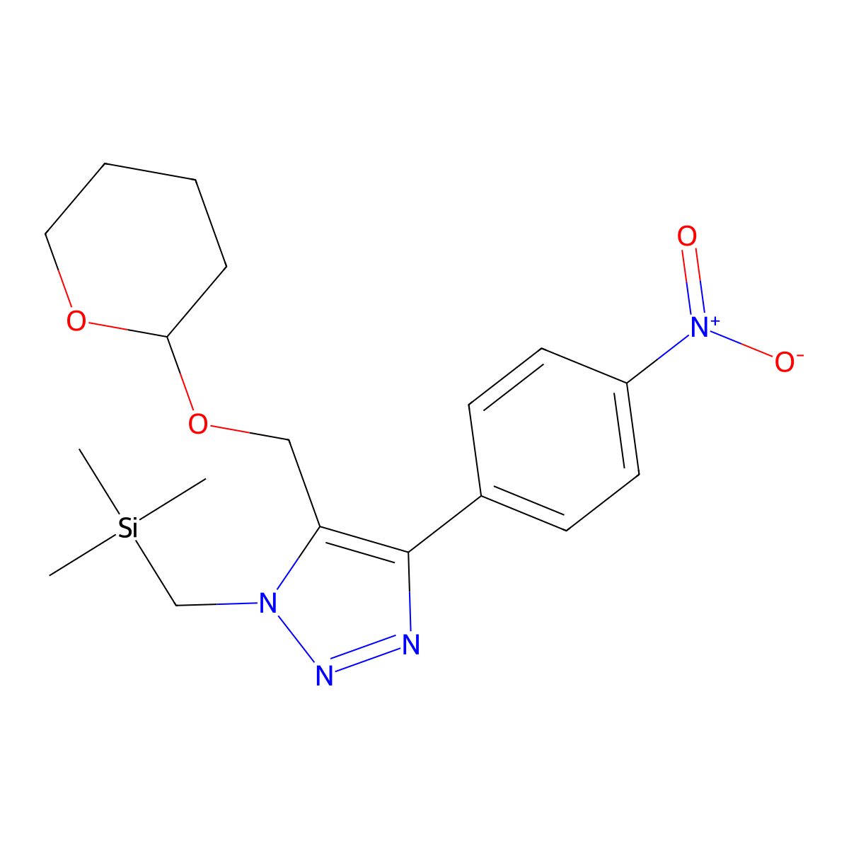 1H-1,2,3-Triazole, 4-(4-nitrophenyl)-5-[[(tetrahydro-2H-pyran-2-yl)oxy]methyl]-1-[(trimethylsilyl)methyl]- molecular structure, CAS 2453999-38-5
