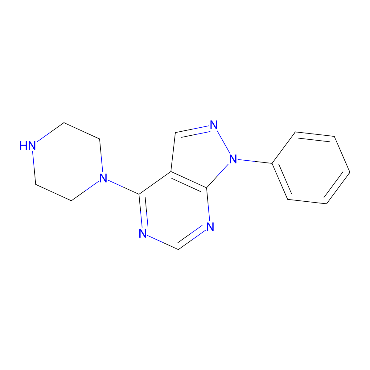 1-Phenyl-4-(piperazin-1-yl)-1H-pyrazolo[3,4-d]pyrimidine molecular structure, CAS 245449-98-3