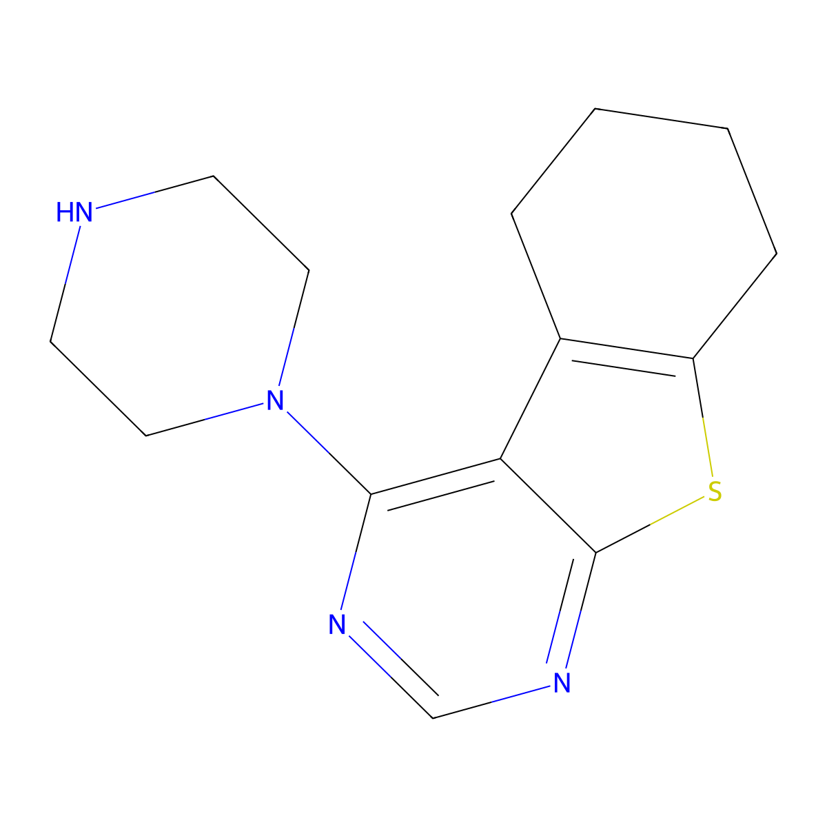 5,6,7,8-Tetrahydro-4-(1-piperazinyl)(1)benzothieno(2,3-d)pyrimidine molecular structure, CAS 245449-99-4