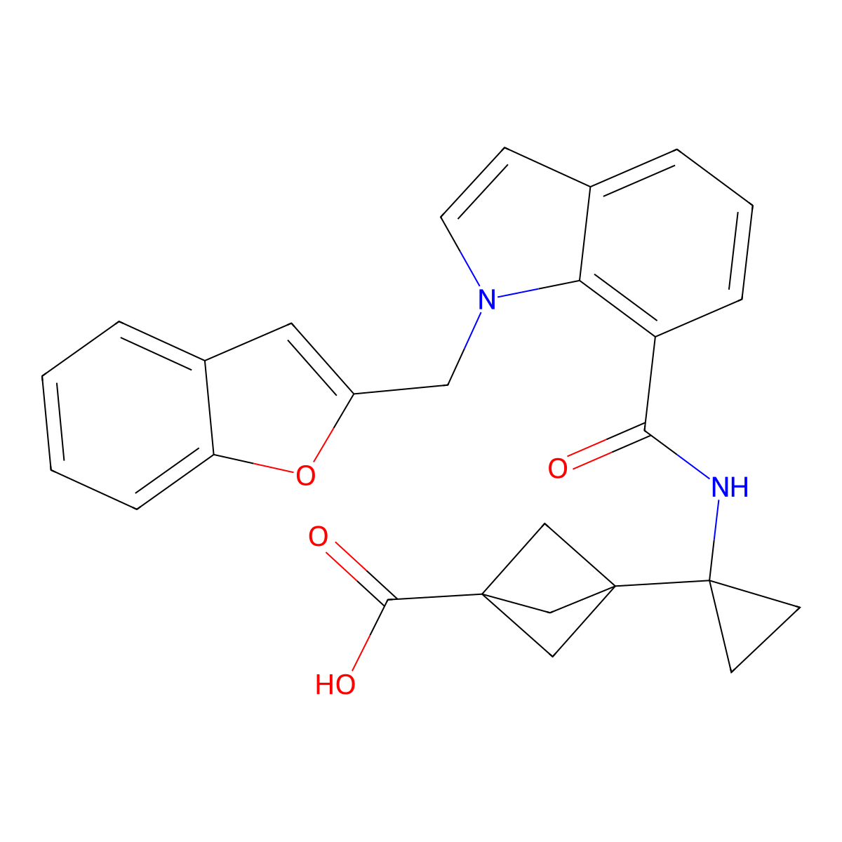 3-[1-[[[1-(2-Benzofuranylmethyl)-1H-indol-7-yl]carbonyl]amino]cyclopropyl]bicyclo[1.1.1]pentane-1-carboxylic acid molecular structure, CAS 2455480-28-9