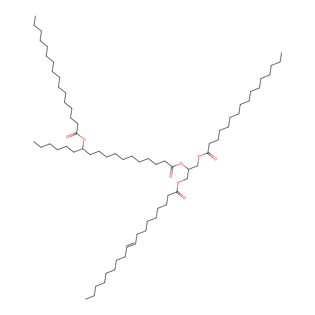 (9Z)-9-octadecenoic acid, (2R)-3-[(1-oxohexadecyl)oxy]-2-[[1-oxo-12-[(1-oxohexadecyl)oxy]octadecyl]oxy]propyl ester molecular structure, CAS 2456348-64-2