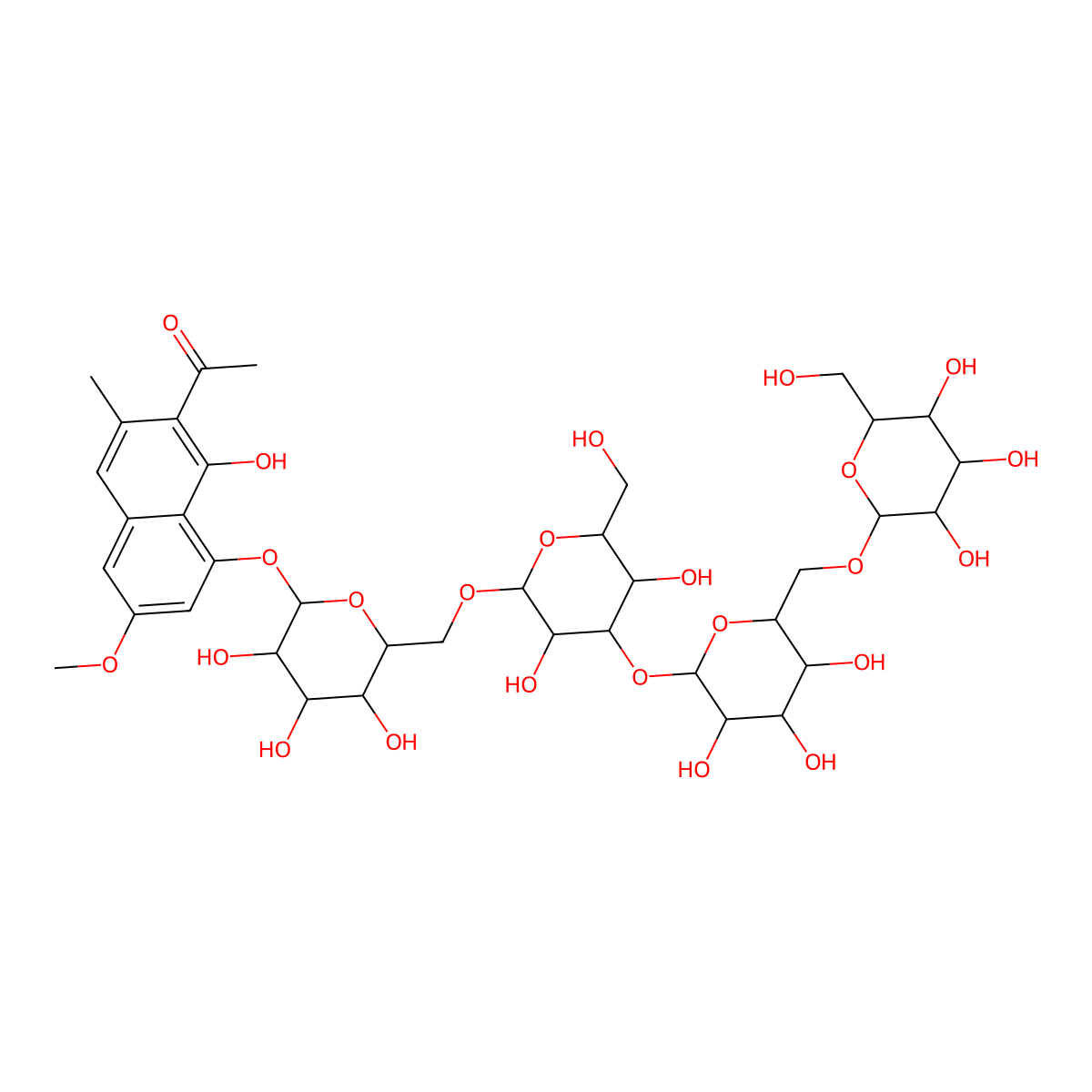 1-(8-((O-beta-D-Glucopyranosyl-(1->6)-O-beta-D-glucopyranosyl-(1->3)-O-beta-D-glucopyranosyl-(1->6)-beta-D-glucopyranosyl)oxy)-1-hydroxy-6-methoxy-3-methyl-2-naphthalenyl)ethanone molecular structure, CAS 245724-10-1