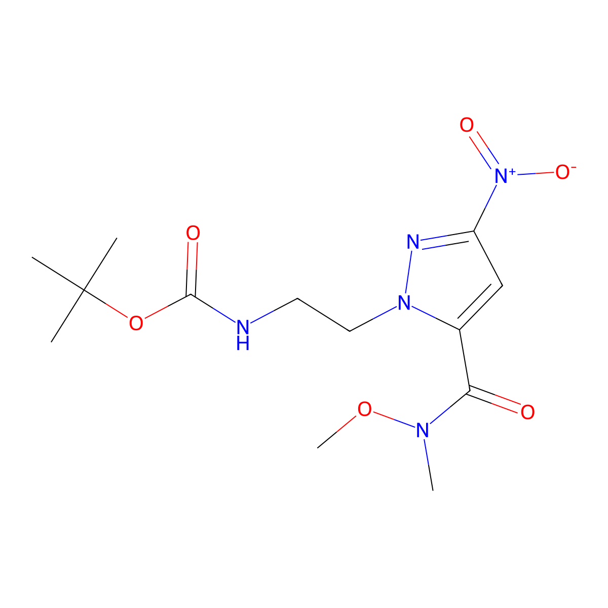 tert-butyl (2-(5-(methoxy(methyl)carbamoyl)-3-nitro-1H-pyrazol-1-yl)ethyl)carbamate molecular structure, CAS 2458104-99-7