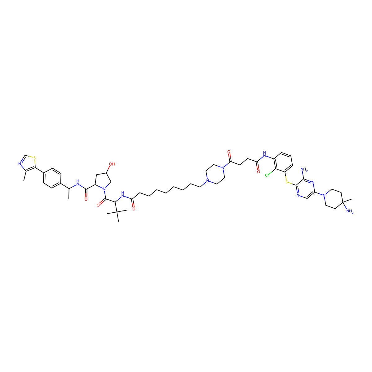 (2S,4R)-1-((S)-2-(9-(4-(4-((3-((3-amino-5-(4-amino-4-methylpiperidin-1-yl)pyrazin-2-yl)thio)-2-chlorophenyl)amino)-4-oxobutanoyl)piperazin-1-yl)nonanamido)-3,3-dimethylbutanoyl)-4-hydroxy-N-((S)-1-(4-(4-methylthiazol-5-yl)phenyl)ethyl)pyrrolidine-2-carboxamide molecular structure, CAS 2458219-65-1