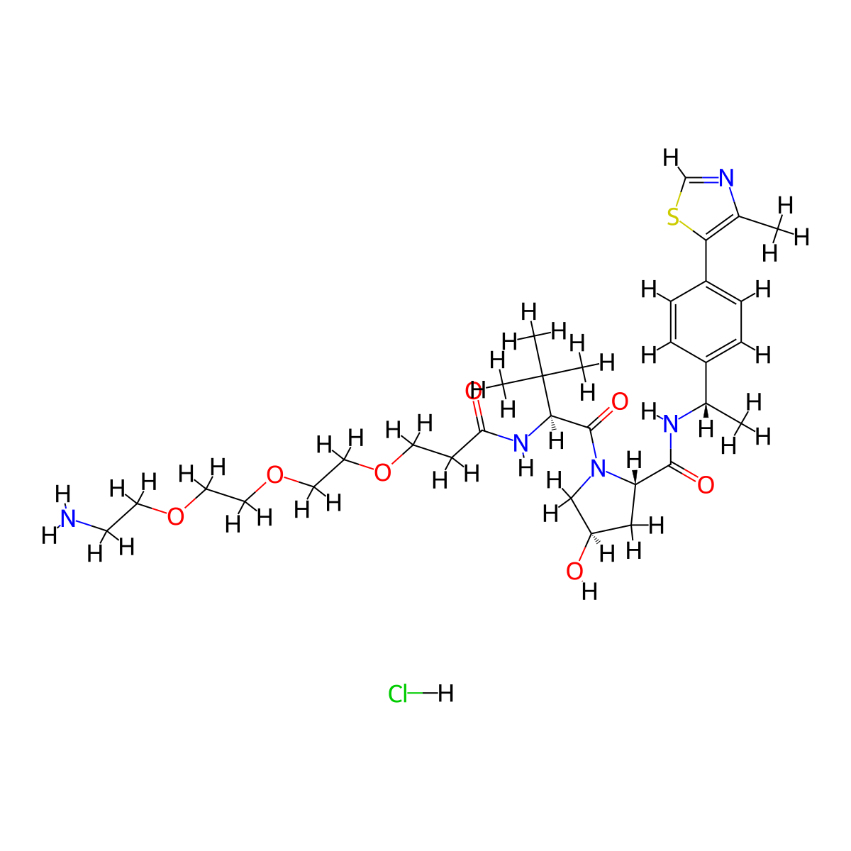 (2S,4R)-1-((S)-1-Amino-14-(tert-butyl)-12-oxo-3,6,9-trioxa-13-azapentadecan-15-oyl)-4-hydroxy-N-((S)-1-(4-(4-methylthiazol-5-YL)phenyl)ethyl)pyrrolidine-2-carboxamide hydrochloride molecular structure, CAS 2458220-05-6