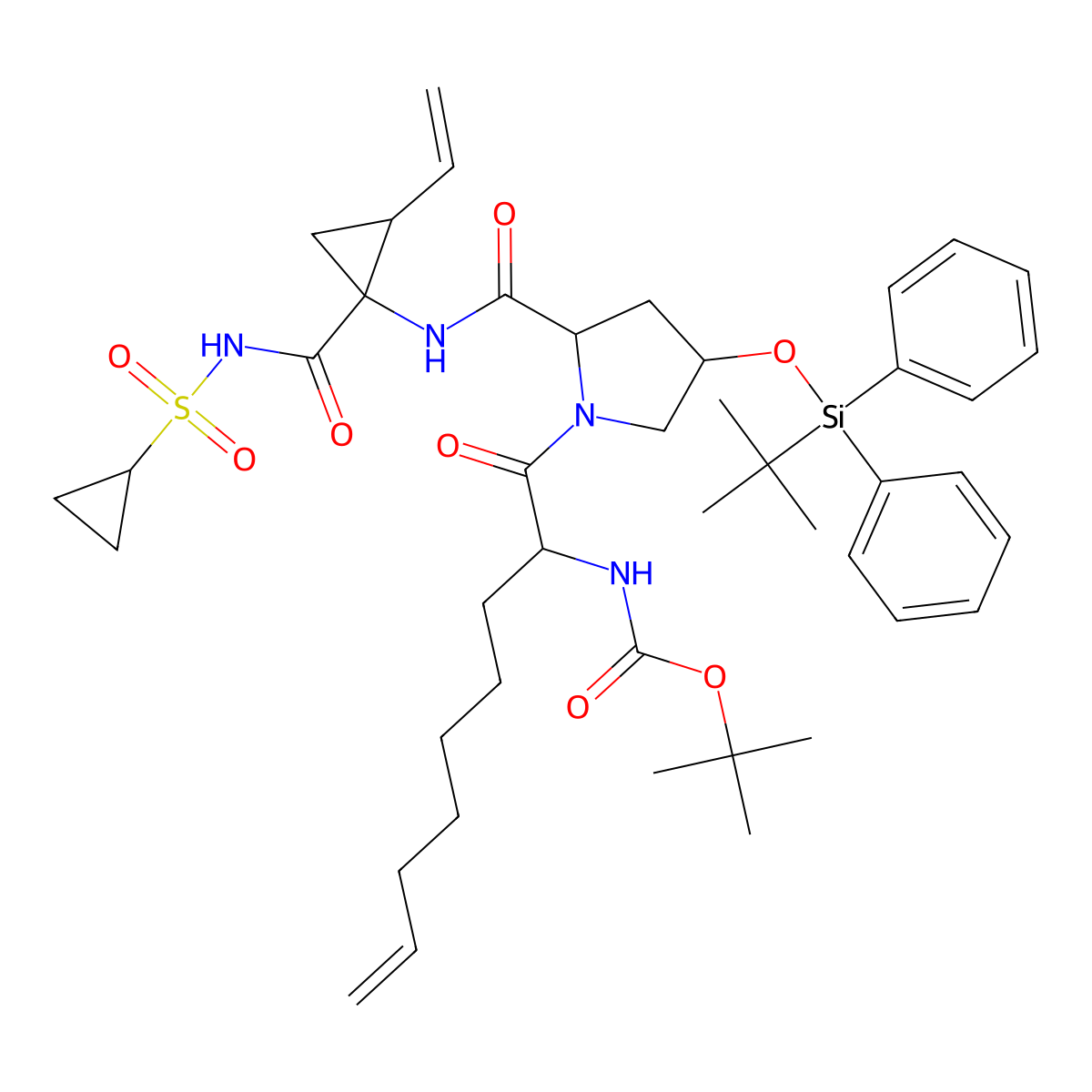 tert-butyl ((S)-1-((2S,4R)-4-((tert-butyldiphenylsilyl)oxy)-2-(((1R,2S)-1-((cyclopropylsulfonyl)carbamoyl)-2-vinylcyclopropyl)carbamoyl)pyrrolidin-1-yl)-1-oxonon-8-en-2-yl)carbamate molecular structure, CAS 2459945-92-5