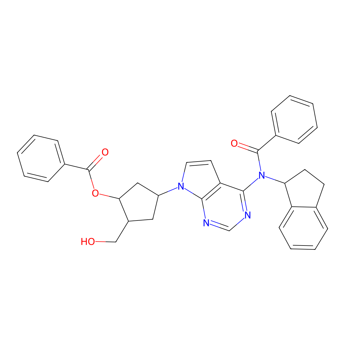 (1S,2S,4R)-4-(4-(N-((S)-2,3-dihydro-1H-inden-1-yl)benzamido)-7H-pyrrolo[2,3-d]pyrimidin-7-yl)-2-(hydroxymethyl)cyclopentyl benzoate molecular structure, CAS 2459946-00-8