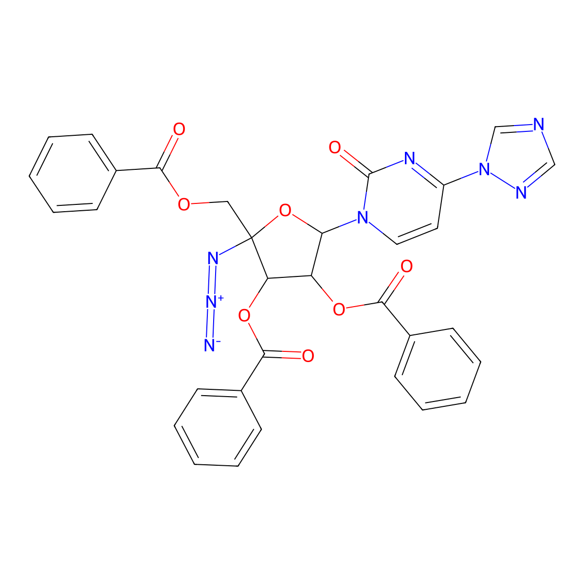 (2R,3S,4R,5R)-2-azido-2-((benzoyloxy)methyl)-5-(2-oxo-4-(1H-1,2,4-triazol-1-yl)pyrimidin-1(2H)-yl)tetrahydrofuran-3,4-diyl dibenzoate molecular structure, CAS 2459946-01-9