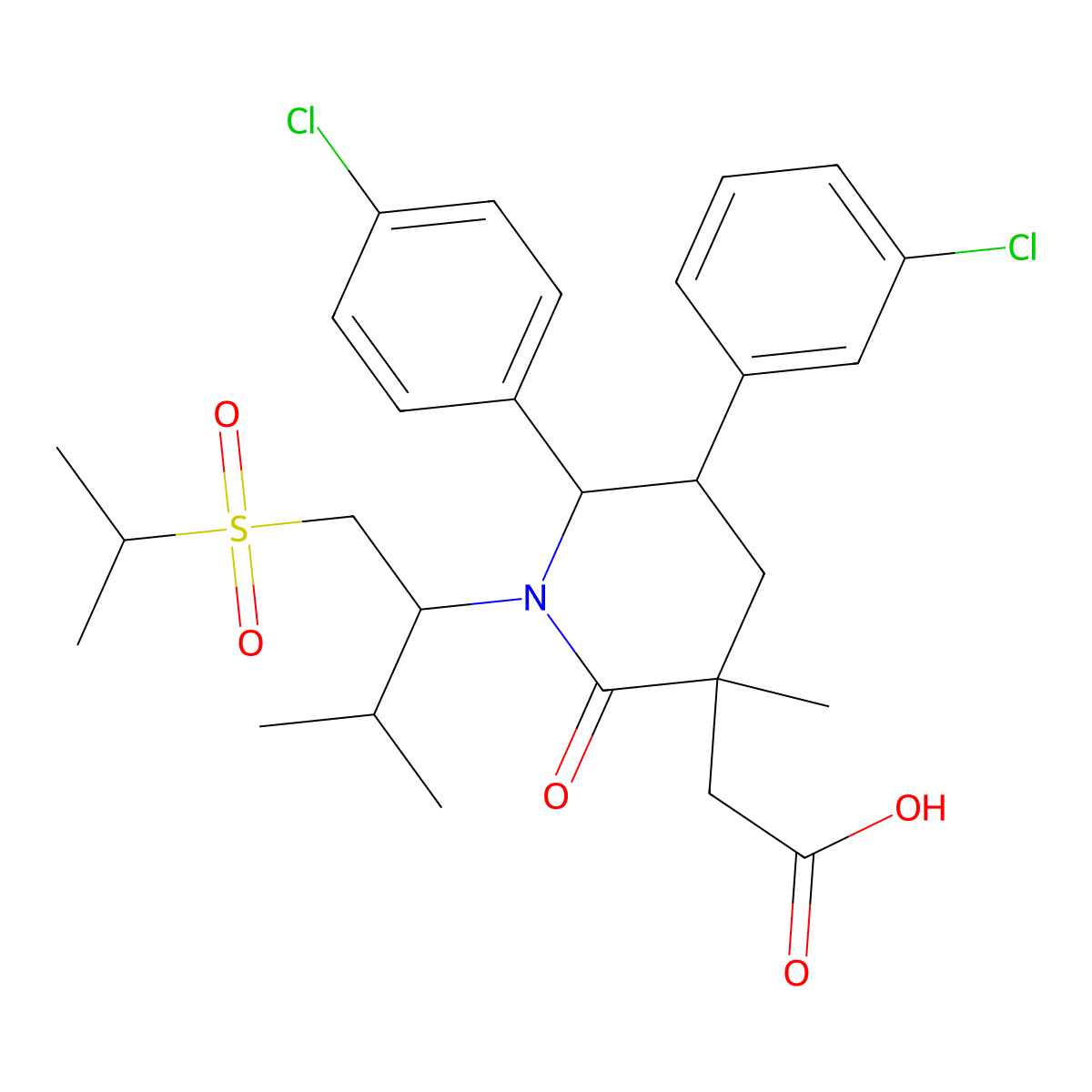 2-((3S,5S,6R)-5-(3-chlorophenyl)-6-(4-chlorophenyl)-1-((S)-1-(isopropylsulfonyl)-3-methylbutan-2-yl)-3-methyl-2-oxopiperidin-3-yl)acetic acid molecular structure, CAS 2459946-14-4