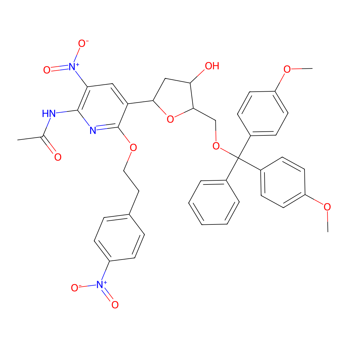 N-(5-((2R,4R,5R)-5-((bis(4-methoxyphenyl)(phenyl)methoxy)methyl)-4-hydroxytetrahydrofuran-2-yl)-3-nitro-6-(4-nitrophenethoxy)pyridin-2-yl)acetamide molecular structure, CAS 2459946-40-6
