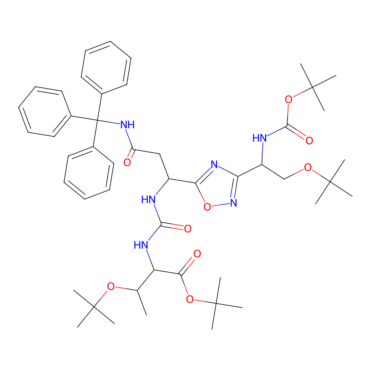 (2S,3R)-tert-butyl 3-(tert-butoxy)-2-(3-((S)-1-(3-((R)-2-(tert-butoxy)-1-((tert-butoxycarbonyl)amino)ethyl)-1,2,4-oxadiazol-5-yl)-3-oxo-3-(tritylamino)propyl)ureido)butanoate molecular structure, CAS 2459946-45-1