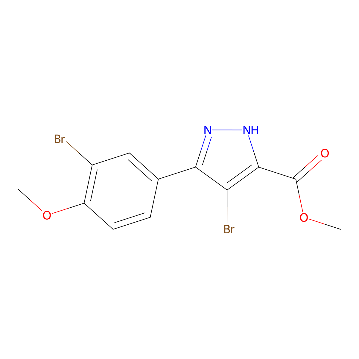 methyl 4-bromo-5-(3-bromo-4-methoxyphenyl)-1H-pyrazole-3-carboxylate molecular structure, CAS 2459962-72-0