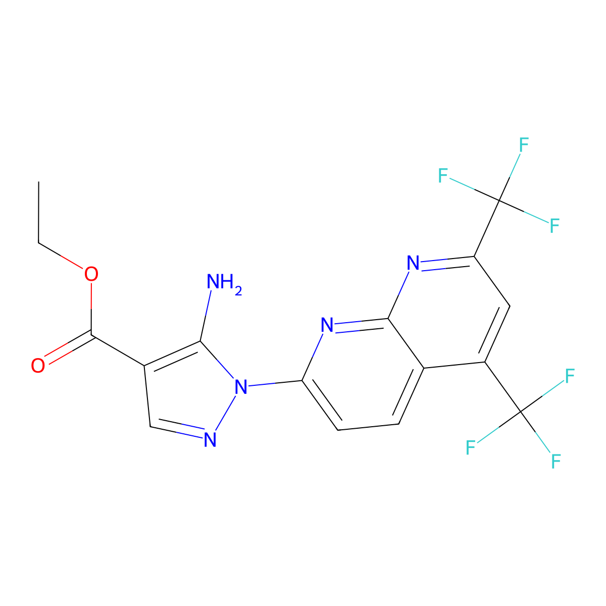 ethyl 5-amino-1-[5,7-bis(trifluoromethyl)[1,8]naphthyridin-2-yl]-1H-pyrazole-4-carboxylate molecular structure, CAS 246022-31-1