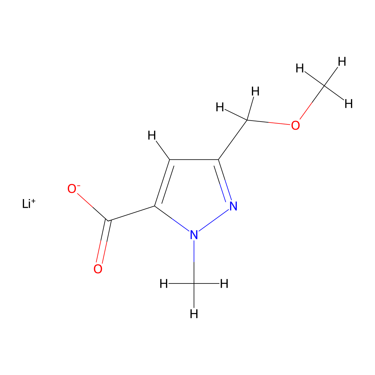 Lithium 3-(methoxymethyl)-1-methyl-1H-pyrazole-5-carboxylate molecular structure, CAS 2460255-86-9