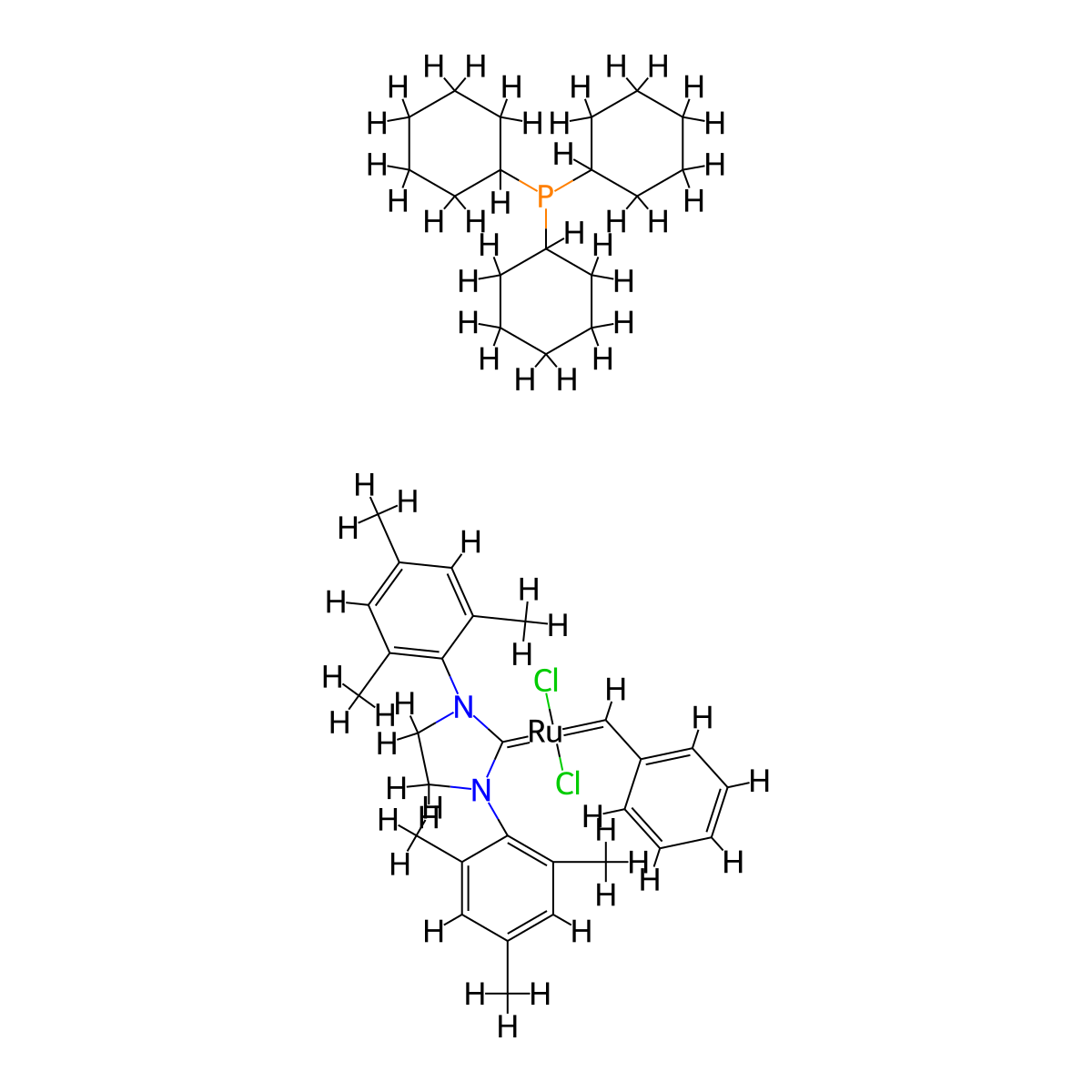 (1,3-Dimesitylimidazolidin-2-ylidene)(tricyclohexylphosphine)benzylidene ruthenium dichloride molecular structure, CAS 246047-72-3