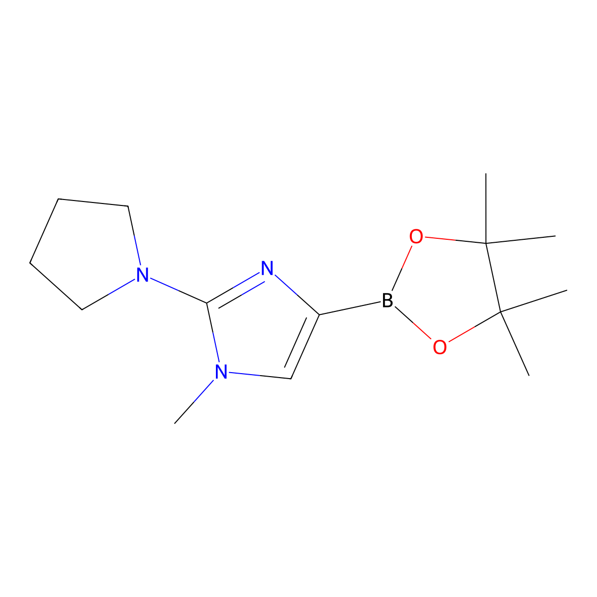 1-methyl-2-(pyrrolidin-1-yl)-4-(4,4,5,5-tetramethyl-1,3,2-dioxaborolan-2-yl)-1H-imidazole molecular structure, CAS 2460671-40-1