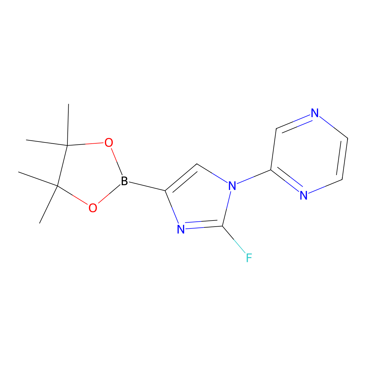 2-(2-fluoro-4-(4,4,5,5-tetramethyl-1,3,2-dioxaborolan-2-yl)-1H-imidazol-1-yl)pyrazine molecular structure, CAS 2460671-58-1