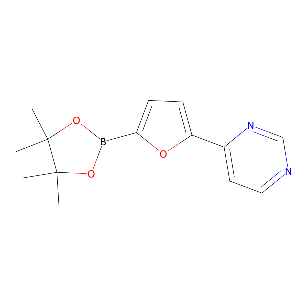 4-(5-(4,4,5,5-Tetramethyl-1,3,2-dioxaborolan-2-yl)furan-2-yl)pyrimidine molecular structure, CAS 2460671-61-6
