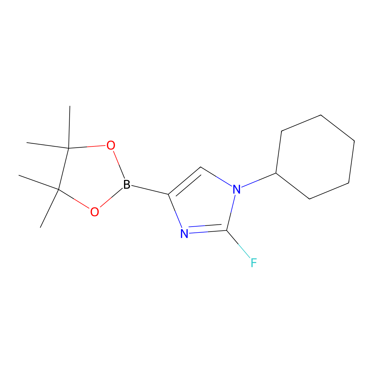 1-cyclohexyl-2-fluoro-4-(4,4,5,5-tetramethyl-1,3,2-dioxaborolan-2-yl)-1H-imidazole molecular structure, CAS 2460671-68-3