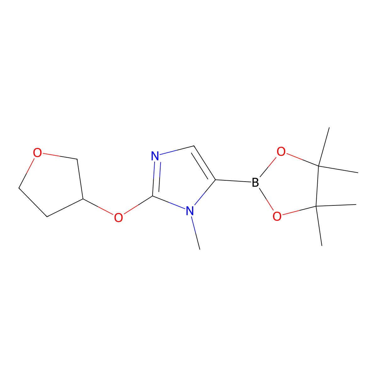 1-methyl-2-((tetrahydrofuran-3-yl)oxy)-5-(4,4,5,5-tetramethyl-1,3,2-dioxaborolan-2-yl)-1H-imidazole molecular structure, CAS 2460671-72-9