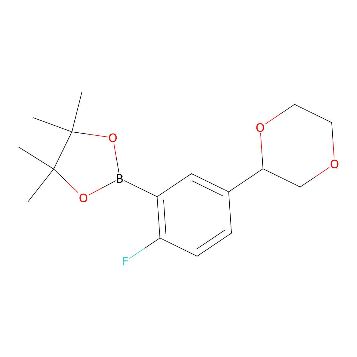 2-(5-(1,4-Dioxan-2-yl)-2-fluorophenyl)-4,4,5,5-tetramethyl-1,3,2-dioxaborolane molecular structure, CAS 2460671-99-0