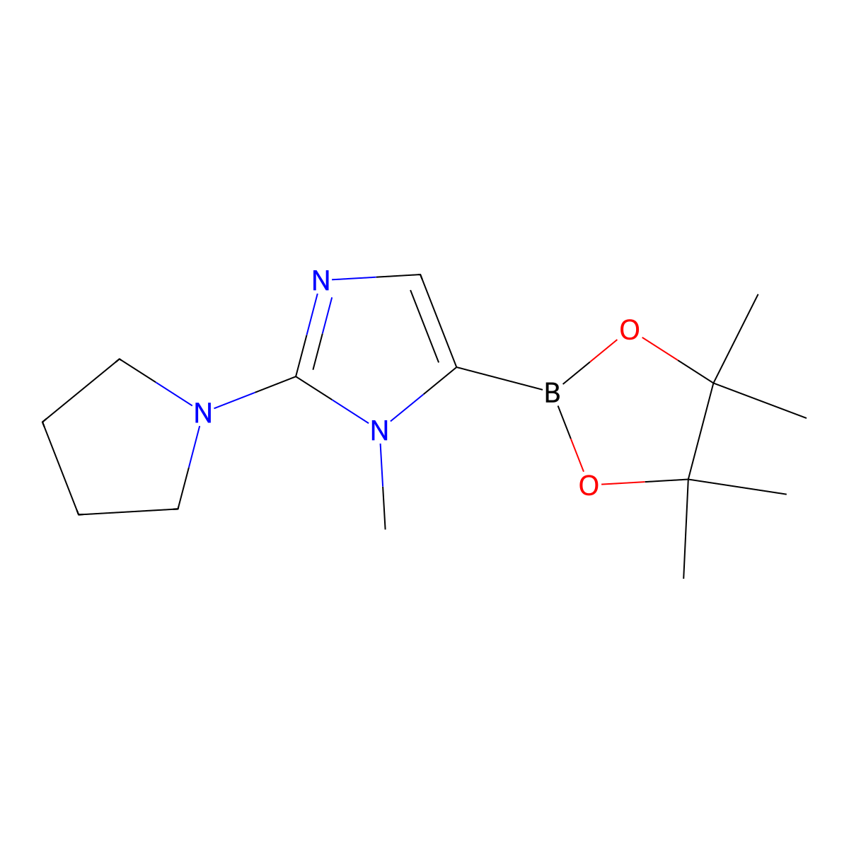 1-methyl-2-(pyrrolidin-1-yl)-5-(4,4,5,5-tetramethyl-1,3,2-dioxaborolan-2-yl)-1H-imidazole molecular structure, CAS 2460672-13-1
