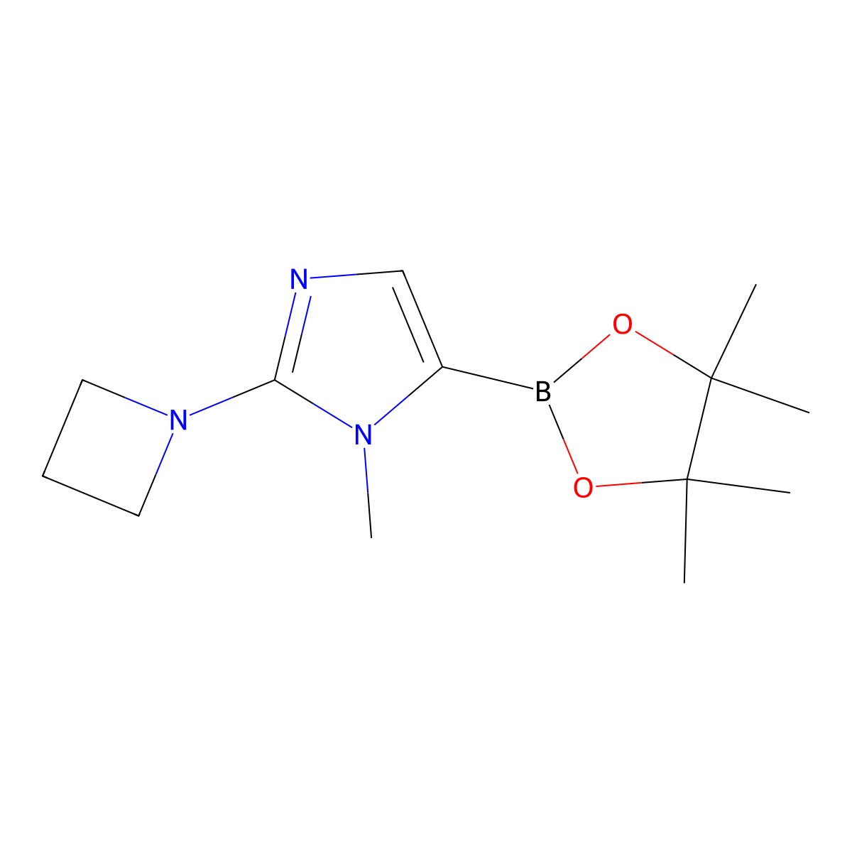 2-(azetidin-1-yl)-1-methyl-5-(4,4,5,5-tetramethyl-1,3,2-dioxaborolan-2-yl)-1H-imidazole molecular structure, CAS 2460672-24-4