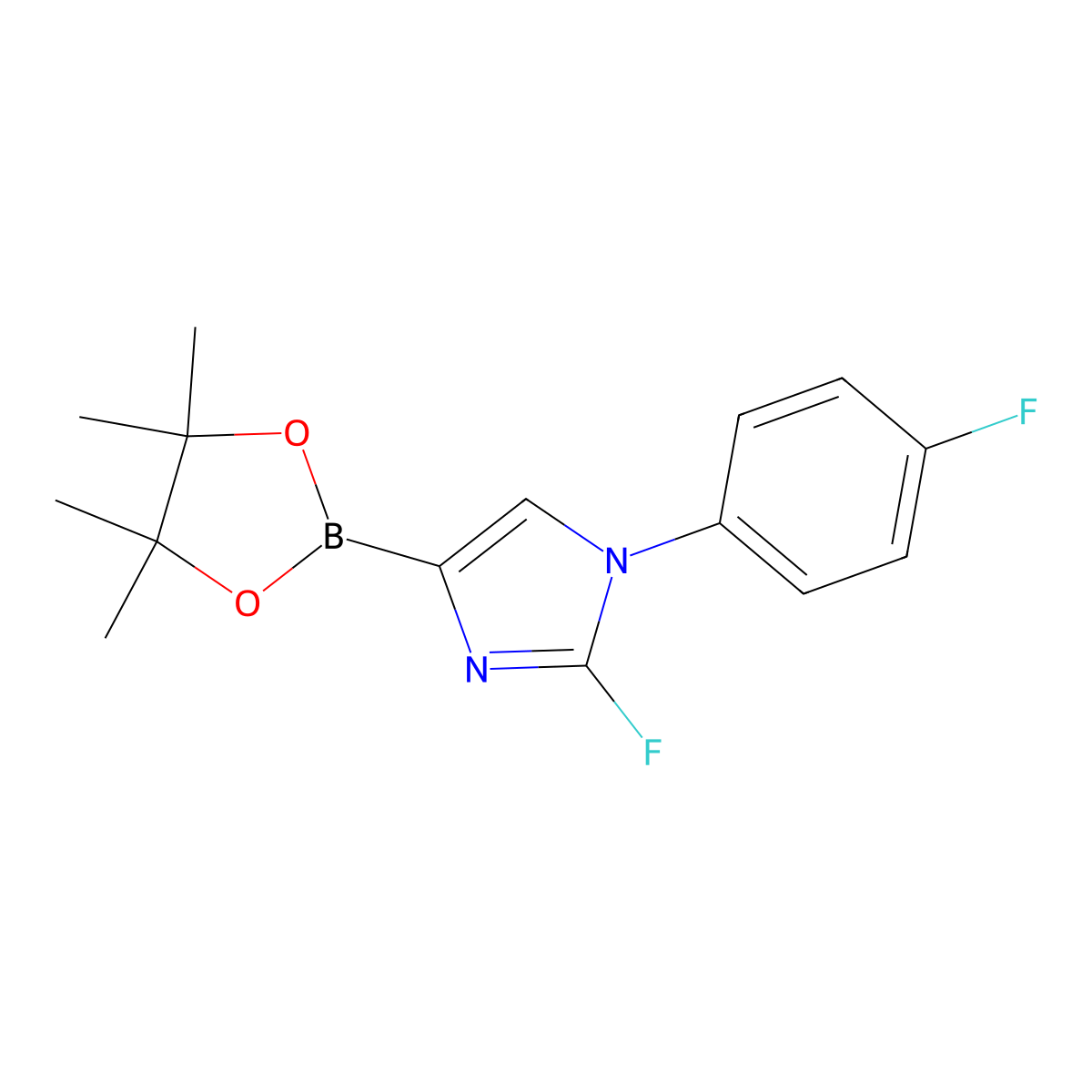 2-fluoro-1-(4-fluorophenyl)-4-(4,4,5,5-tetramethyl-1,3,2-dioxaborolan-2-yl)-1H-imidazole molecular structure, CAS 2460672-78-8