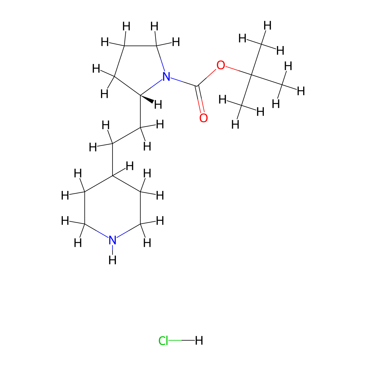 tert-butyl(2R)-2-[2-(piperidin-4-yl)ethyl]pyrrolidine-1-carboxylatehydrochloride molecular structure, CAS 2460739-88-0