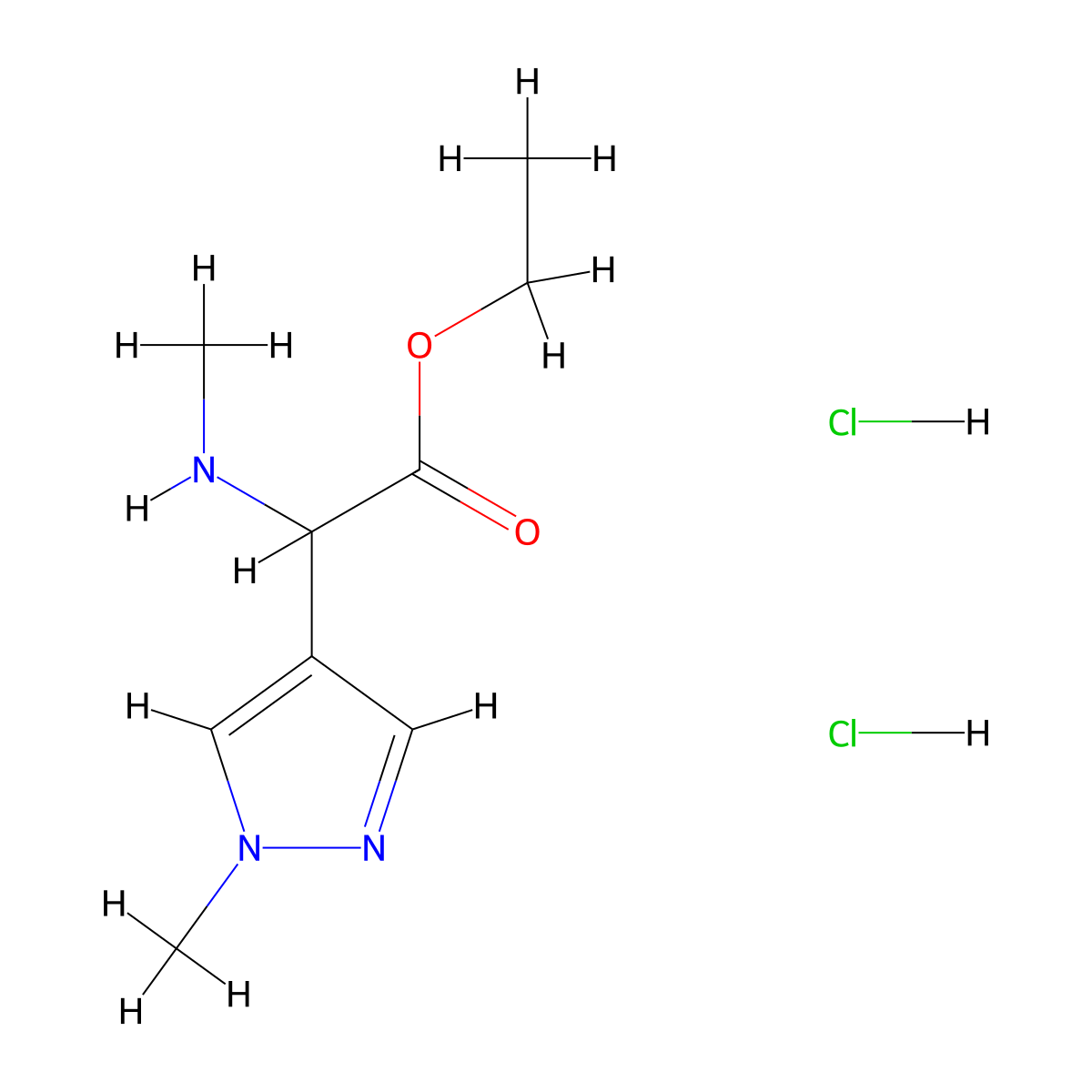 ethyl 2-(1-methyl-1H-pyrazol-4-yl)-2-(methylamino)acetate dihydrochloride molecular structure, CAS 2460754-50-9