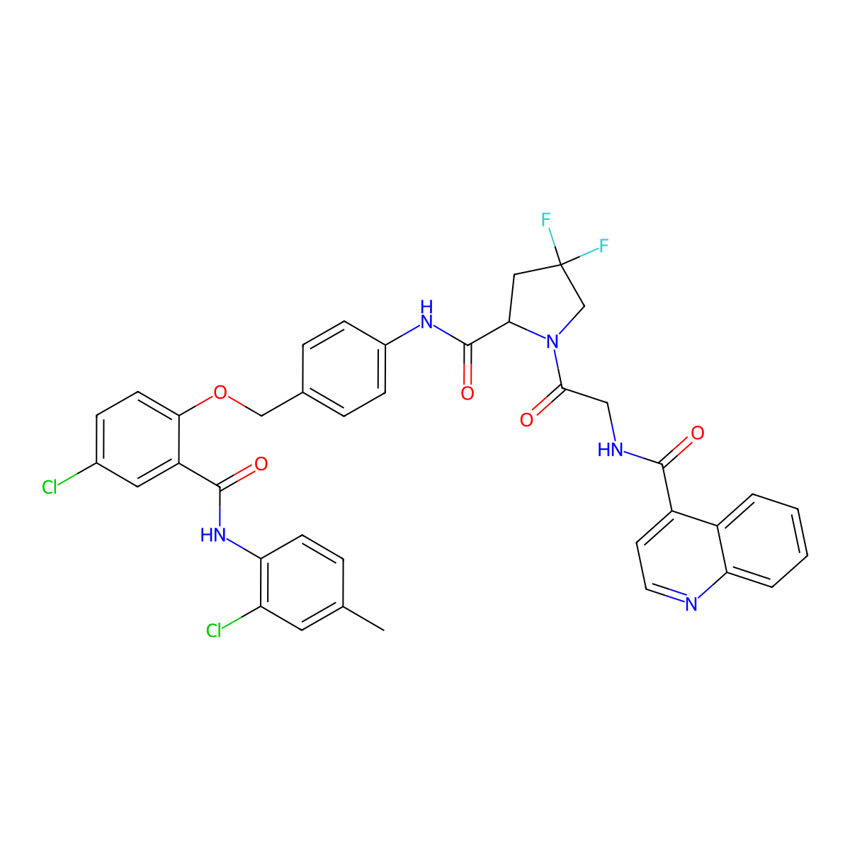 N-[2-(2-{[4-({4-chloro-2-[(2-chloro-4-methylphenyl)carbamoyl]phenoxy}methyl)phenyl]carbamoyl}-4,4-difluoropyrrolidin-1-yl)-2-oxoethyl]quinoline-4-carboxamide molecular structure, CAS 2460755-44-4